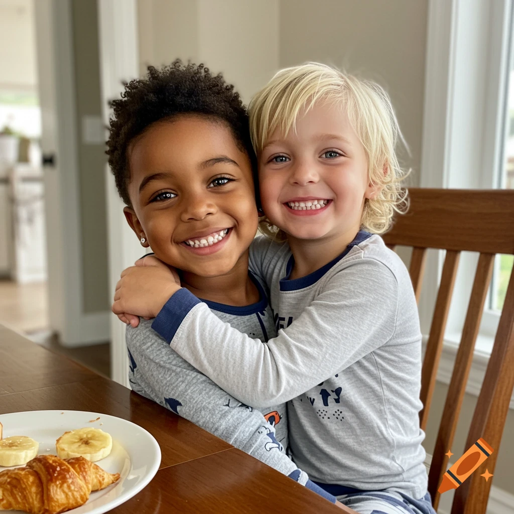 Two smiling young boys, one with dark skin and an Afro, the other with blonde hair, hugging at a breakfast table.