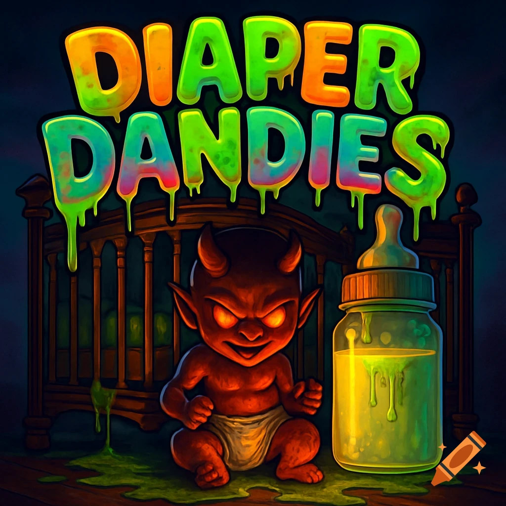Cartoon demon baby in a diaper next to a baby bottle filled with green slime, under a dripping 'DIAPER DANDIES' logo.