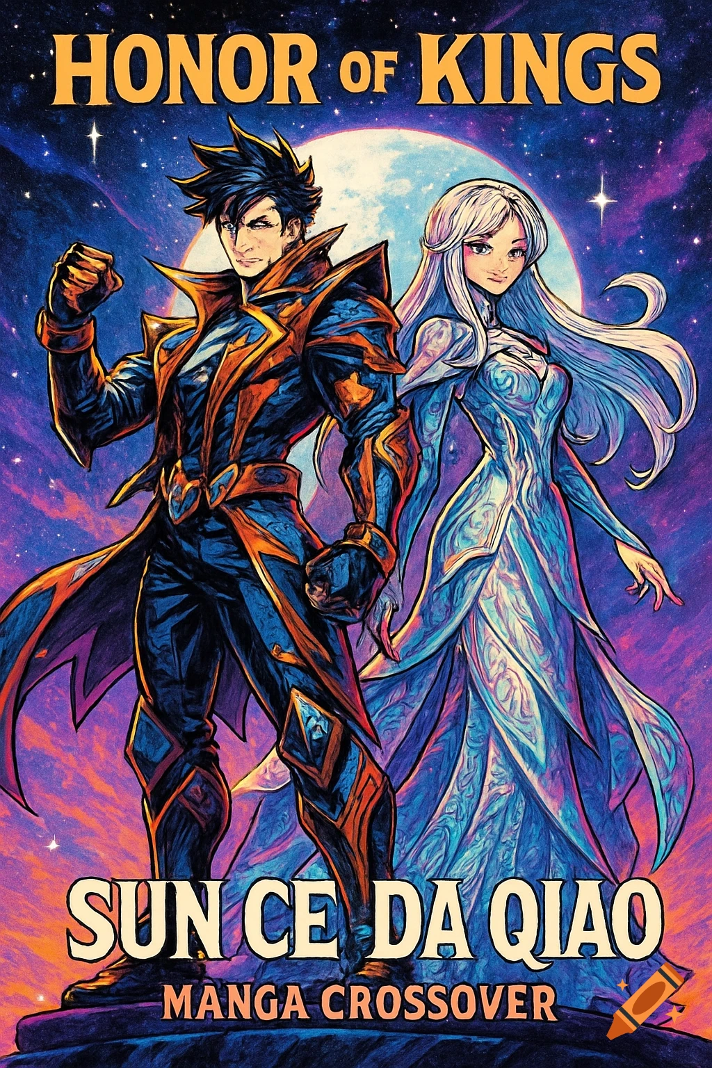 An anime-style poster of a man and woman in ornate blue and gold outfits, standing against a cosmic background with a large moon and stars. Text reads "HONOR OF KINGS" and "SUN CE DA QIAO MANGA CROSSOVER".