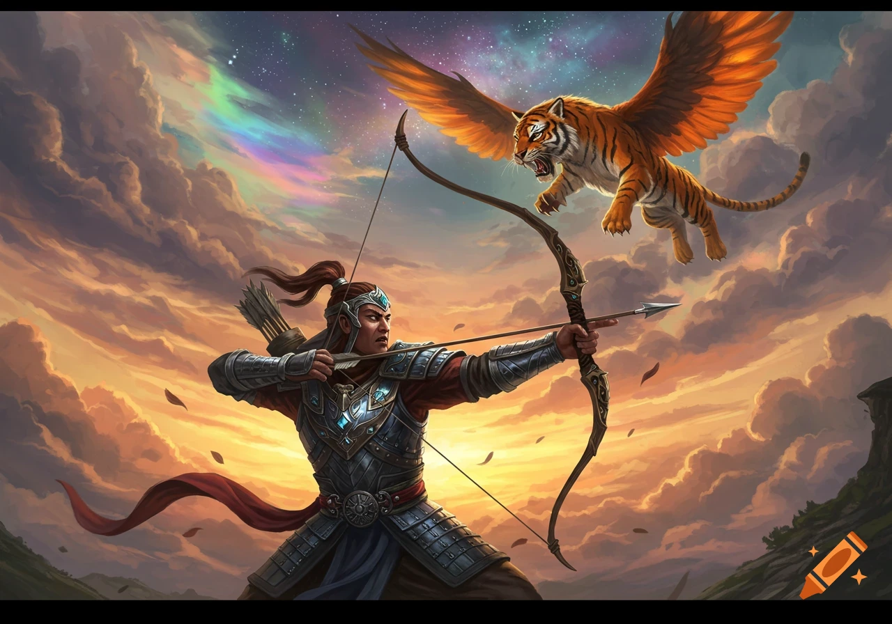 A warrior in armor aims a bow and arrow at a flying winged tiger in a dramatic, colorful sky.