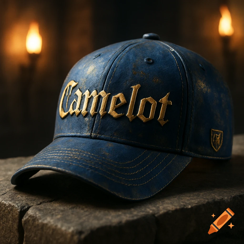 A photorealistic close-up of a dark blue baseball cap with 'Camelot' embroidered in gold, resting on stone blocks.