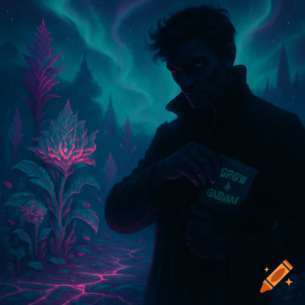 A mysterious man in a dark coat holds a glowing object in an ethereal, glowing forest under an aurora borealis sky.