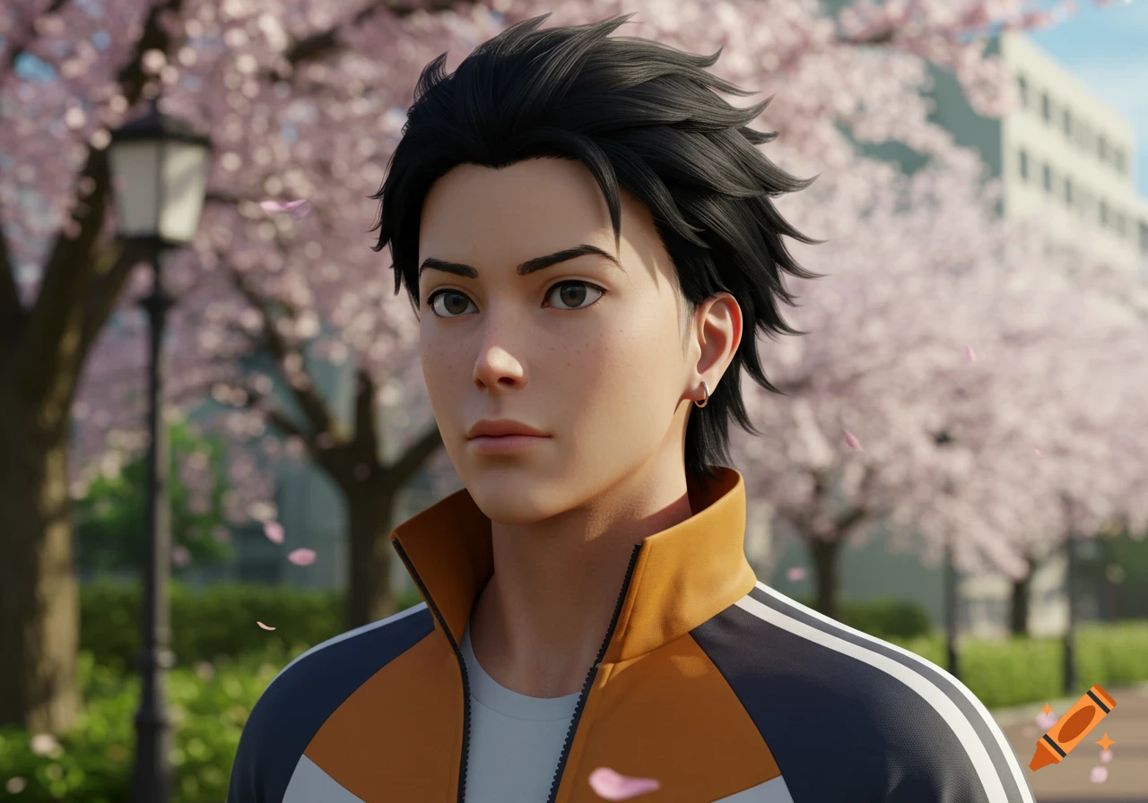A young man with black spiky hair and a track jacket stands under blooming cherry blossom trees.