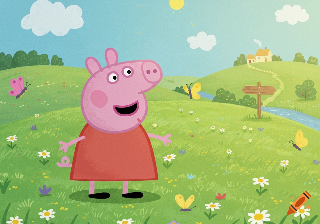 Peppa Pig stands in a green, flower-filled field with butterflies, under a blue sky with clouds and a distant house.