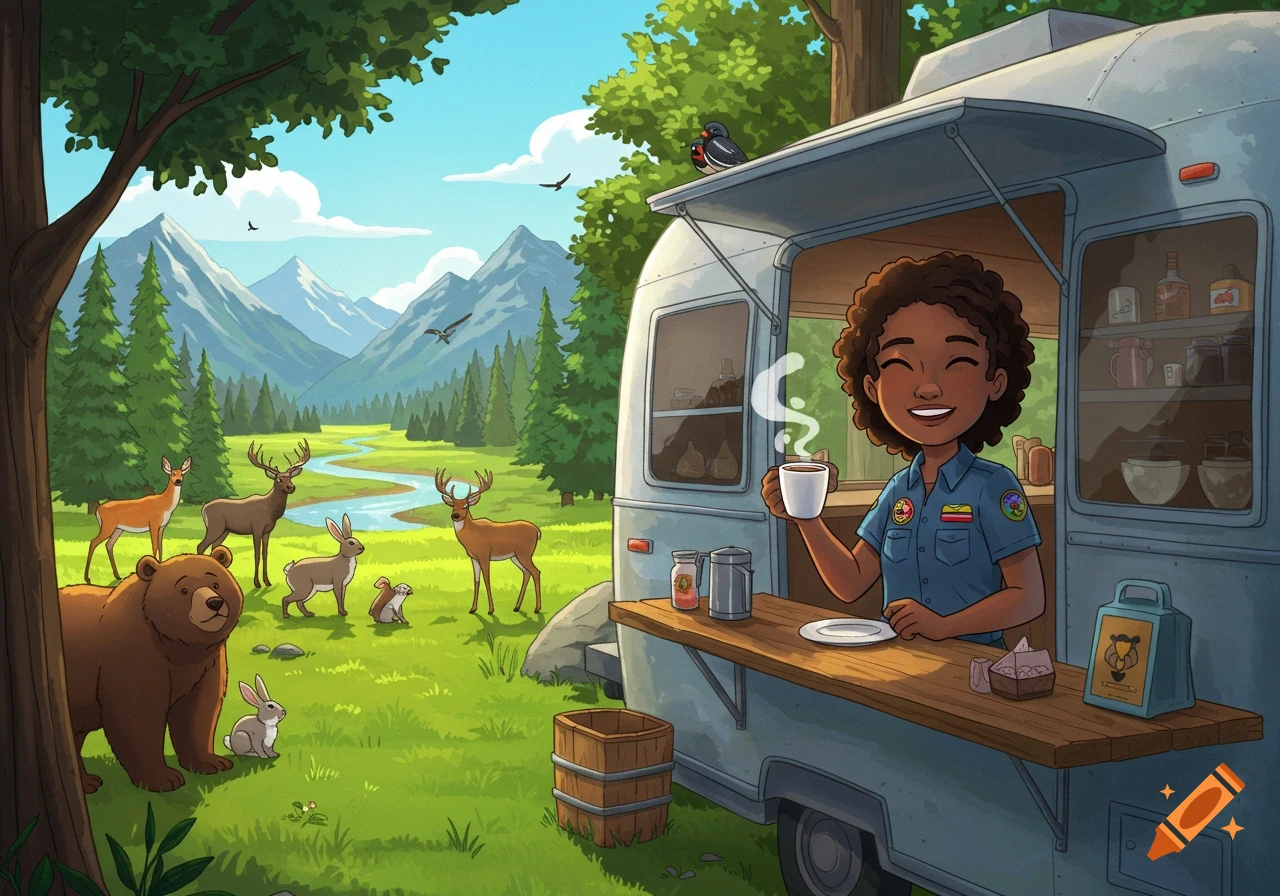 A happy cartoon girl barista holds a coffee cup beside an Airstream trailer in a lush mountain wilderness with deer, rabbits, and a bear.