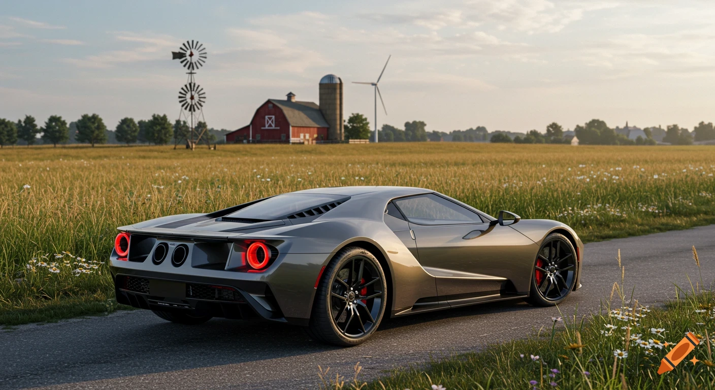 A grey Ford GT sports car on a road next to a golden field with a red barn, silo, and windmills under a warm sky.