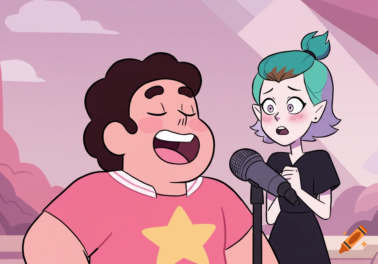 Cartoon characters Steven Universe singing into a microphone, while Amity Blight blushes and looks surprised next to him.