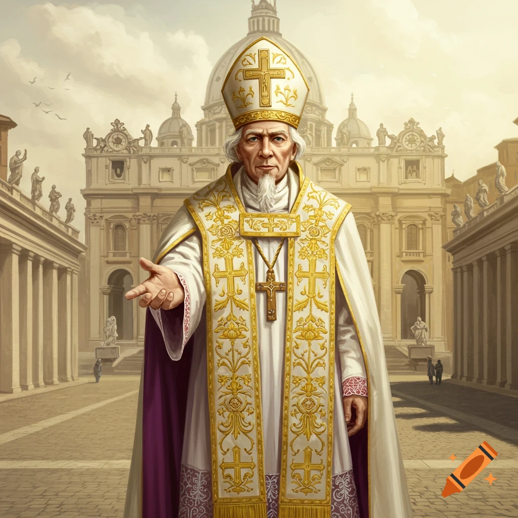 Digital painting of an elderly Pope or high-ranking cleric in ornate white and gold vestments, standing before St. Peter's Basilica.