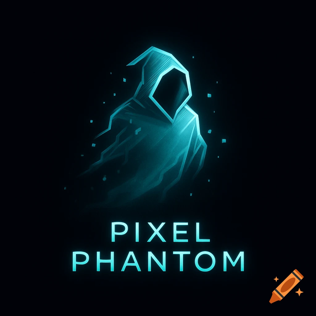 Stylized blue geometric hooded phantom logo with glowing text 'PIXEL PHANTOM' on a dark background.