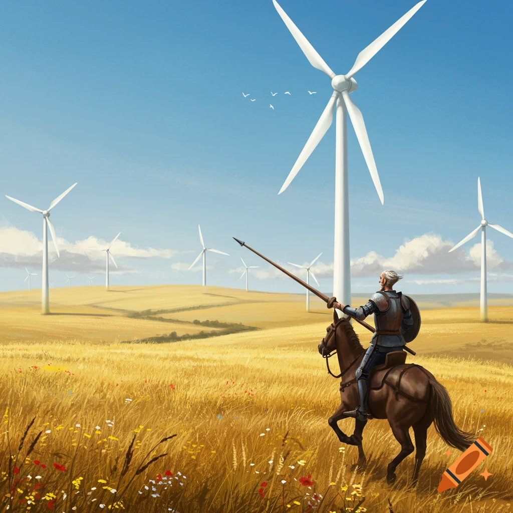 Don Quixote on horseback with a spear, charging towards modern wind turbines in a golden field under a blue sky.