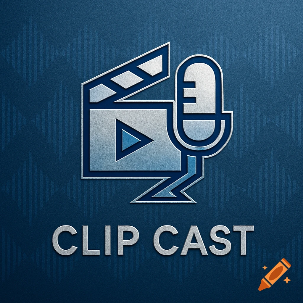 Silver and blue metallic 'CLIP CAST' logo with a clapperboard, play button, and microphone on a textured blue background.