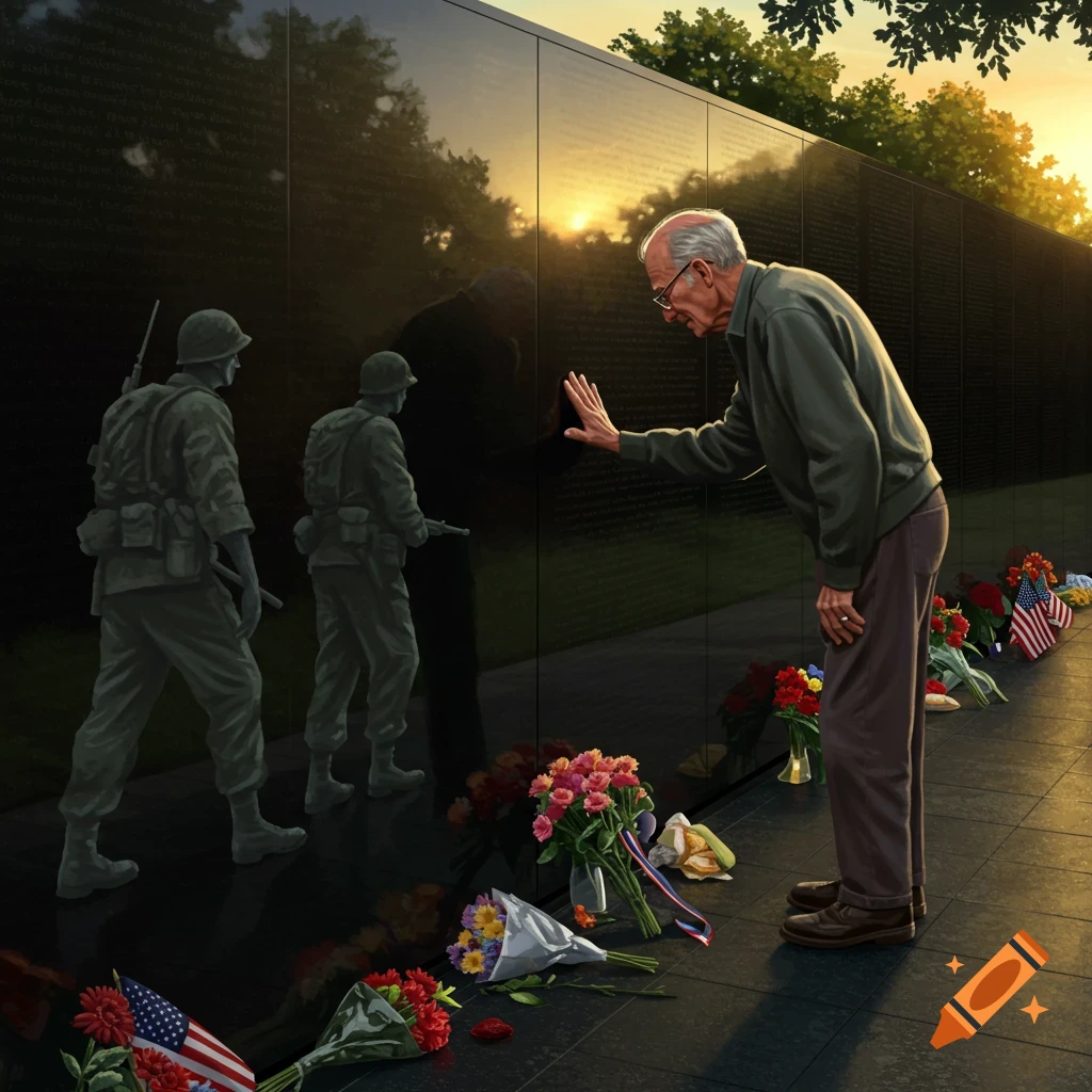 An elderly man touches a black memorial wall reflecting ghost soldiers, with flowers and an American flag at its base, at sunset.