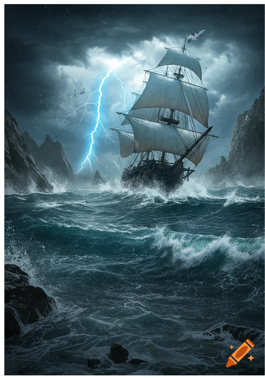 A dramatic digital painting of a frigate caught in a violent sea storm with lightning striking and large waves near rocky cliffs.