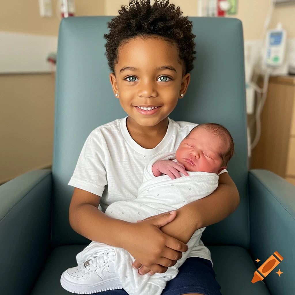 A young boy with curly hair and green eyes sits in a hospital chair, smiling while holding a sleeping newborn baby wrapped in a white blanket.