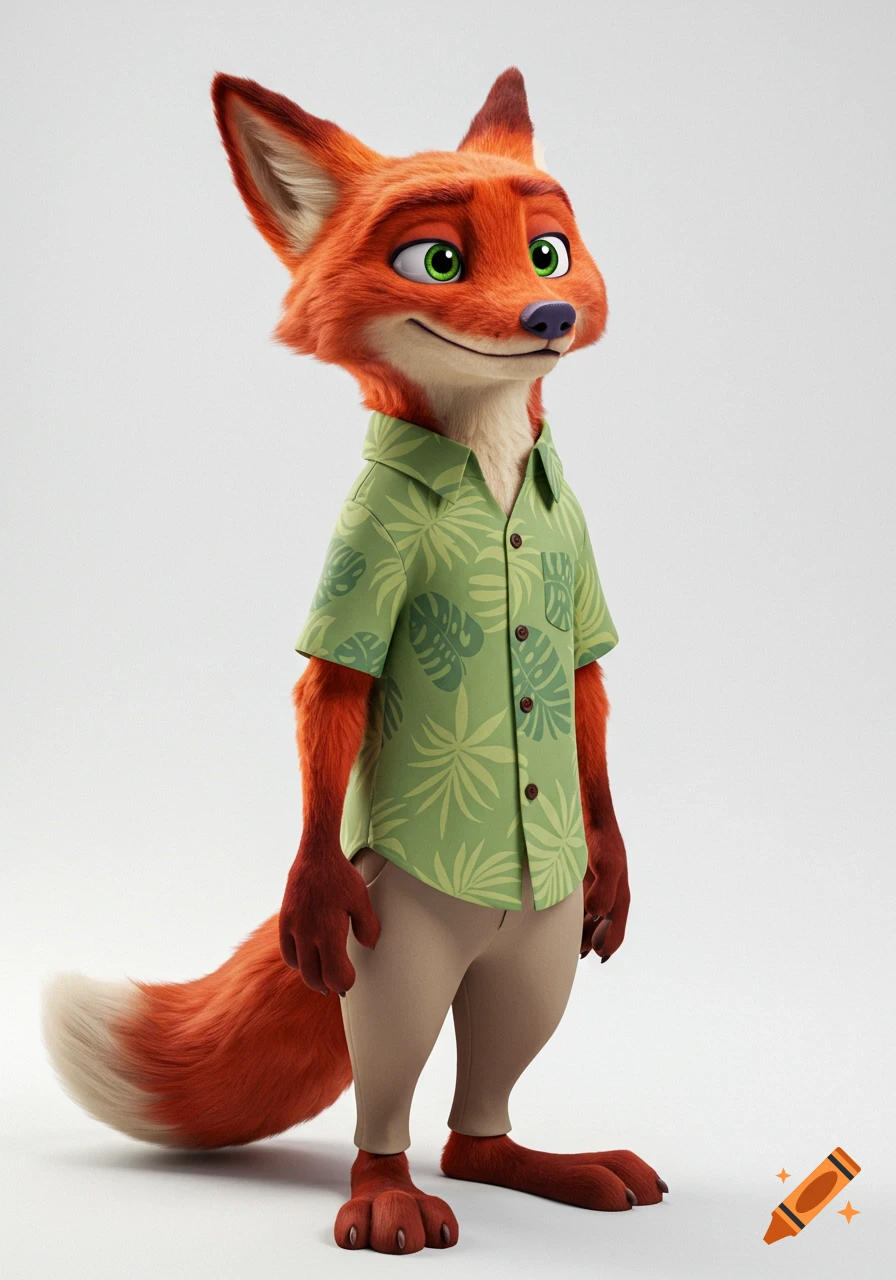 Full body of a Disney 3D animated red fox from Zootopia, wearing a green Hawaiian shirt and tan pants against a white background.