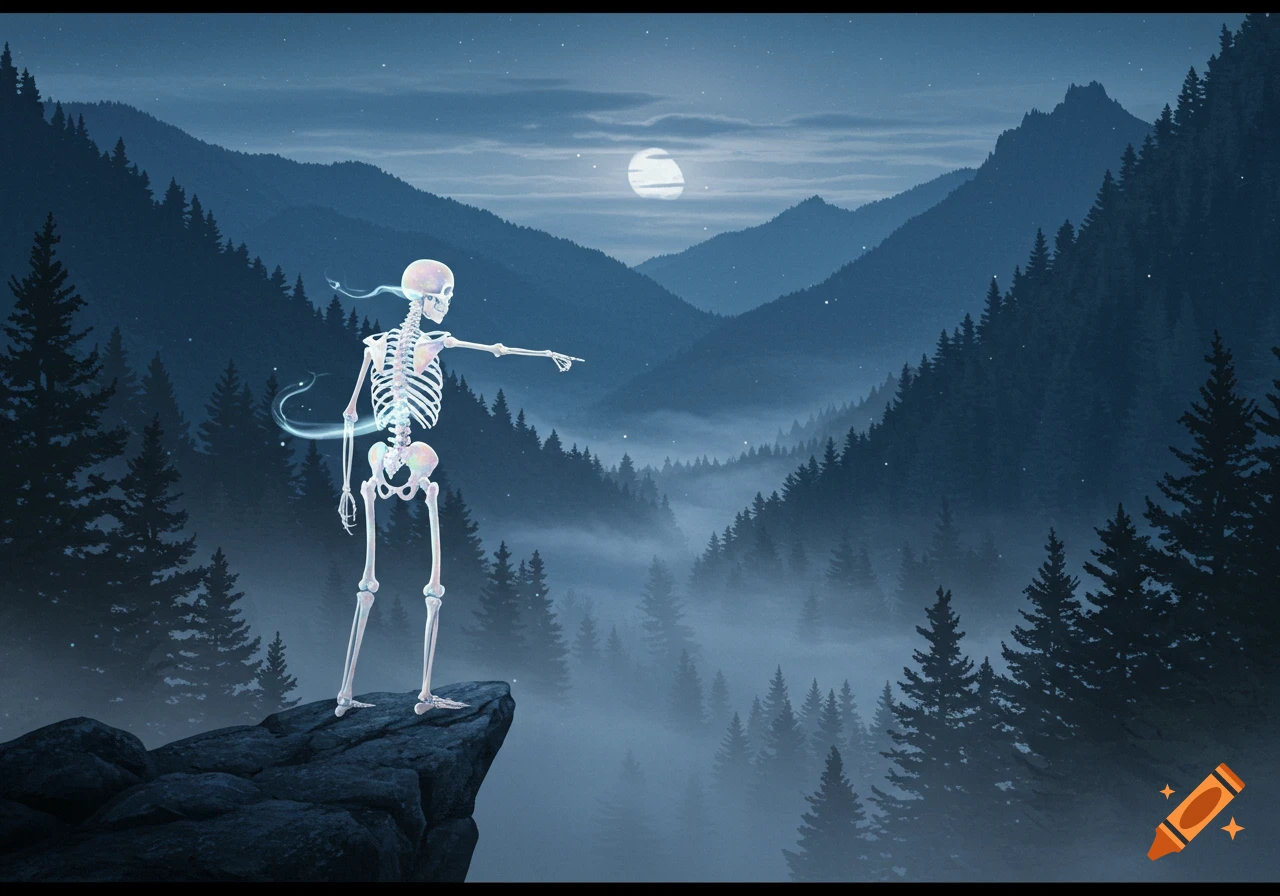 A glowing skeleton stands on a cliff, pointing over a misty mountain forest under a full moon, in a stylized illustration.