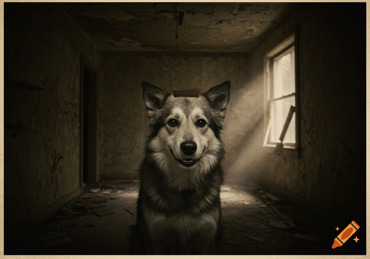 A sepia-toned image of a creepy dog with a wide smile in a dark, abandoned room with a window.