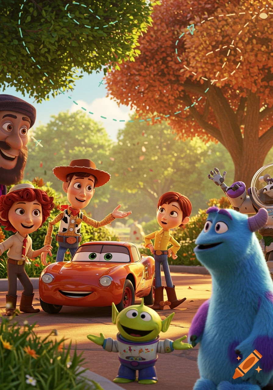 Woody, a red car, a green alien, Sulley, and other Pixar characters gather outdoors amidst green and orange trees with dashed lines in the sky.