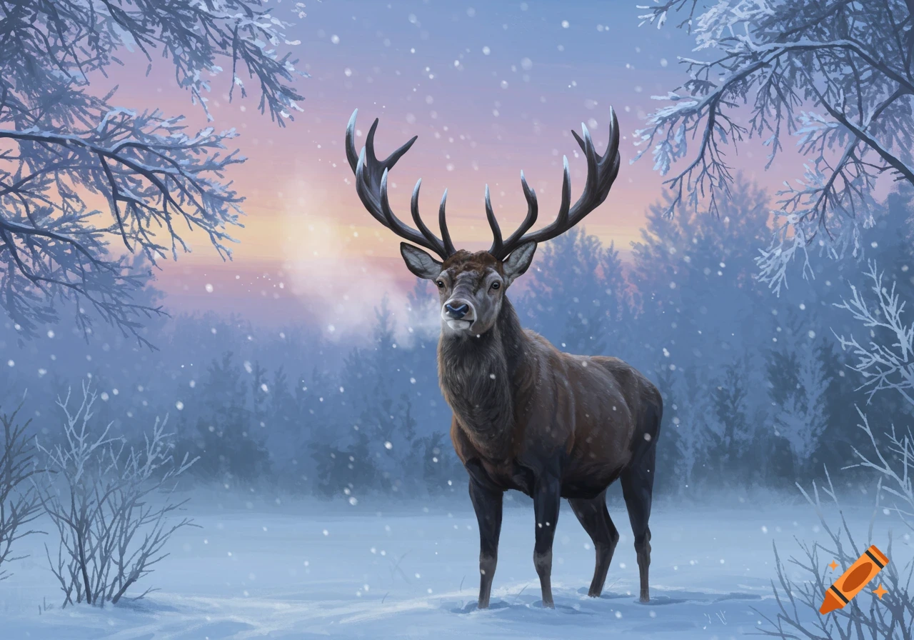 A majestic stag with large antlers stands in a snowy winter forest as snow falls, with a soft sunrise/sunset glow.