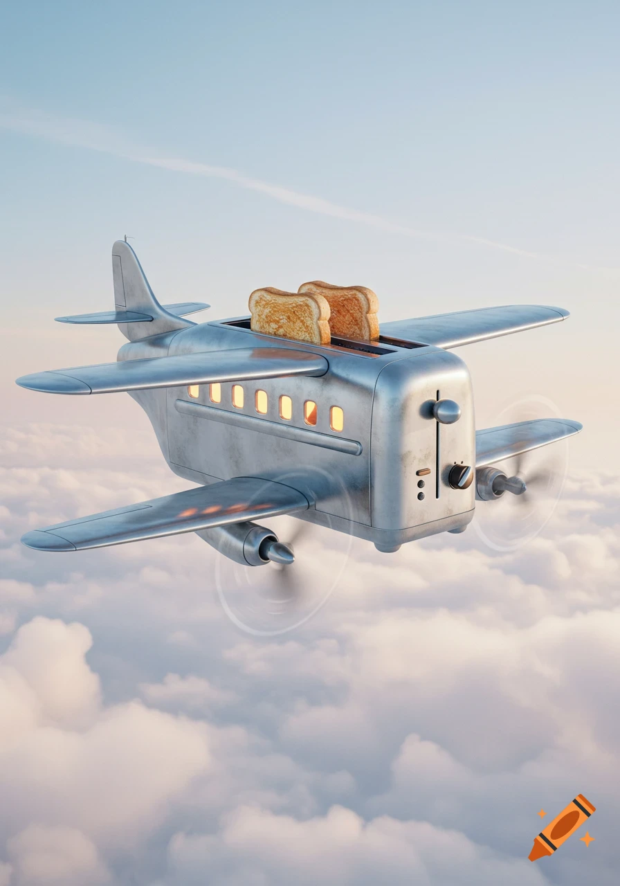 A silver airplane with toaster slots on top, holding two pieces of toast, flying through a cloudy sky in a whimsical, photorealistic style.