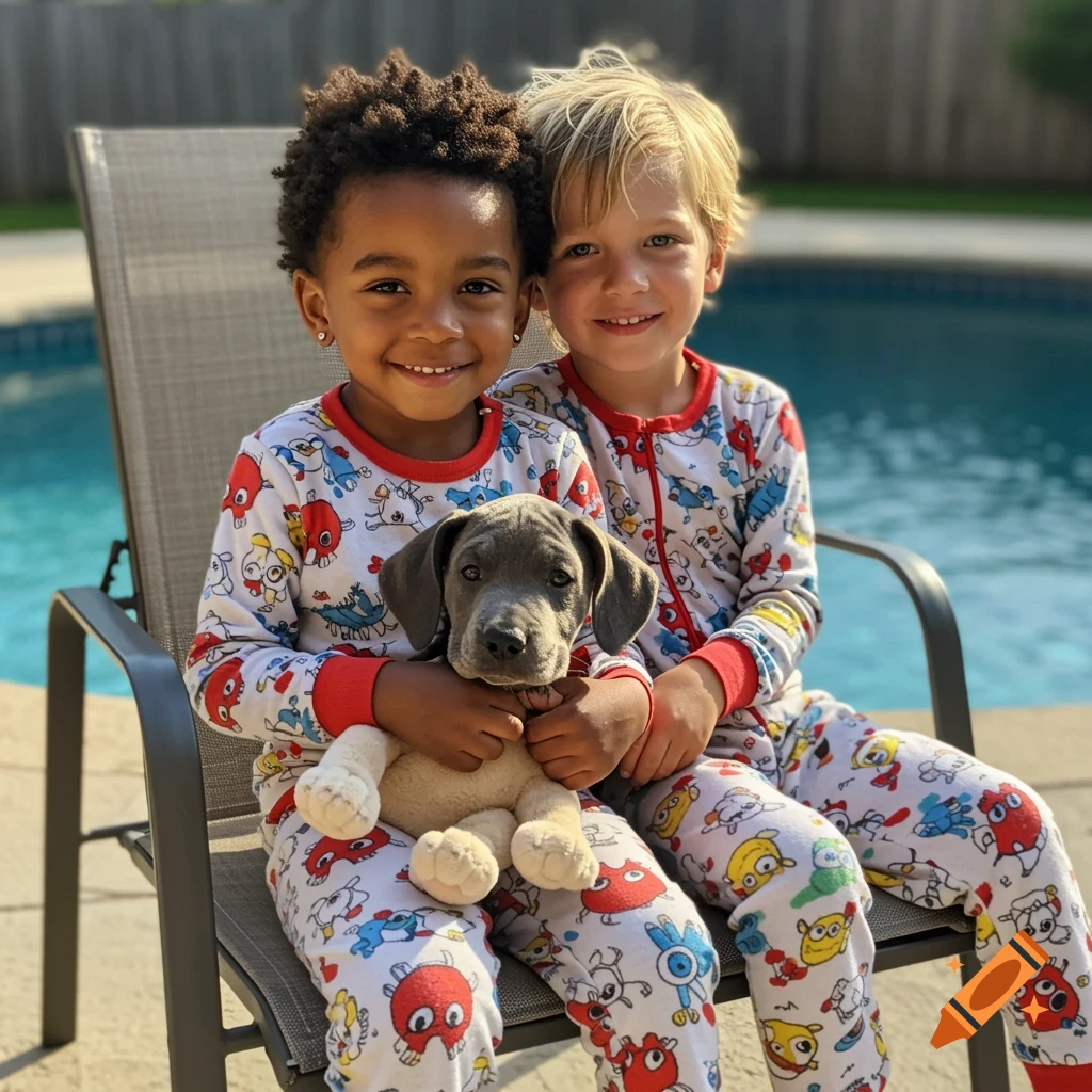 Two smiling boys in matching cartoon pajamas sit on a pool chair, holding a gray Great Dane puppy. Photorealistic.