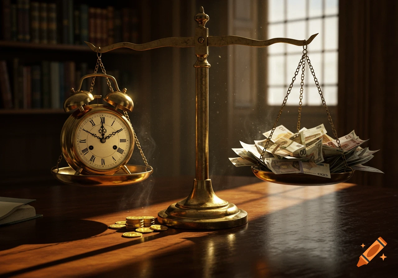 A golden scale with a vintage analog alarm clock on one pan and a pile of banknotes on the other, with the clock pan heavier, set in a dimly lit room with a bookshelf and window.