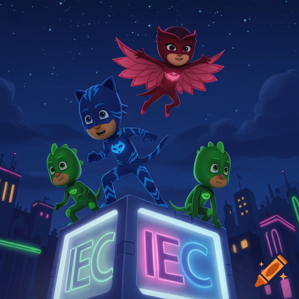 PJ Masks characters Catboy and Gekko on a neon IEC sign, with Owlette flying above, in a nighttime city scene, cartoon style.