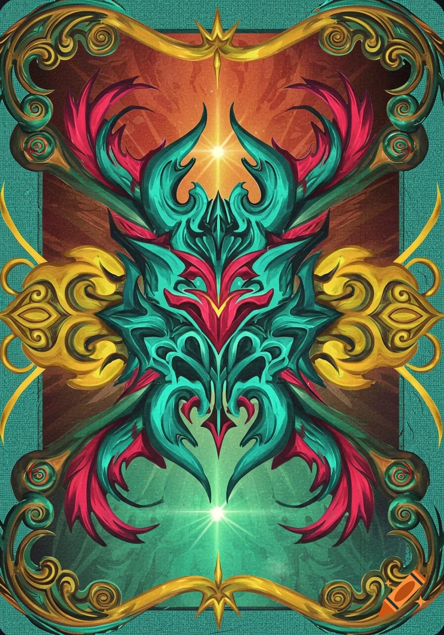 An ornate, symmetrical card back design in teal, red, and gold, featuring swirling patterns and glowing light accents.
