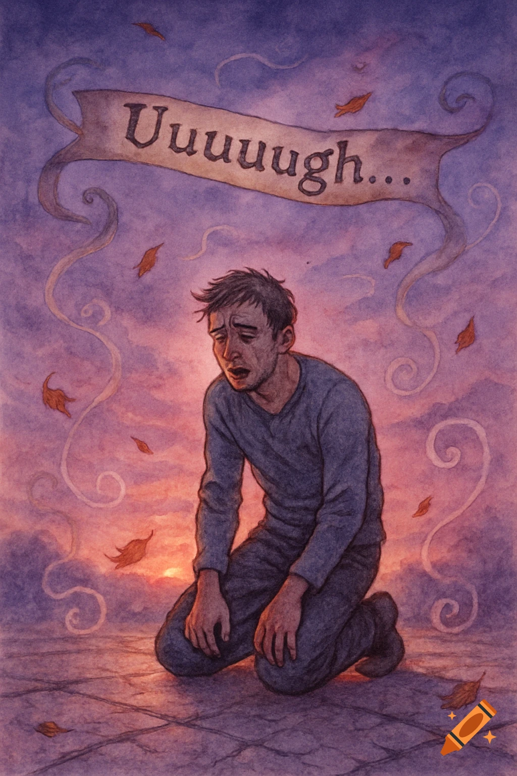 A man kneels on the ground, looking distressed, beneath a banner reading "Uuuuugh..." with a sunset and falling leaves in a watercolor style.