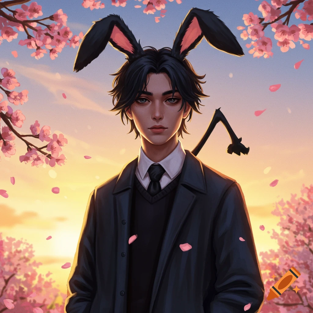 An anime-style person with black bunny ears and a dark suit stands outdoors amidst falling pink cherry blossoms at sunset.