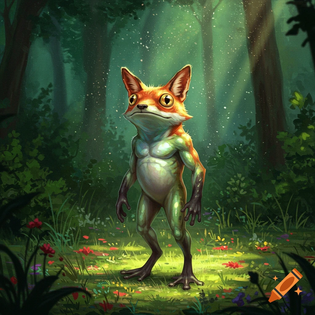 A whimsical frog-like creature with fox ears stands on two legs in a sunlit forest clearing.