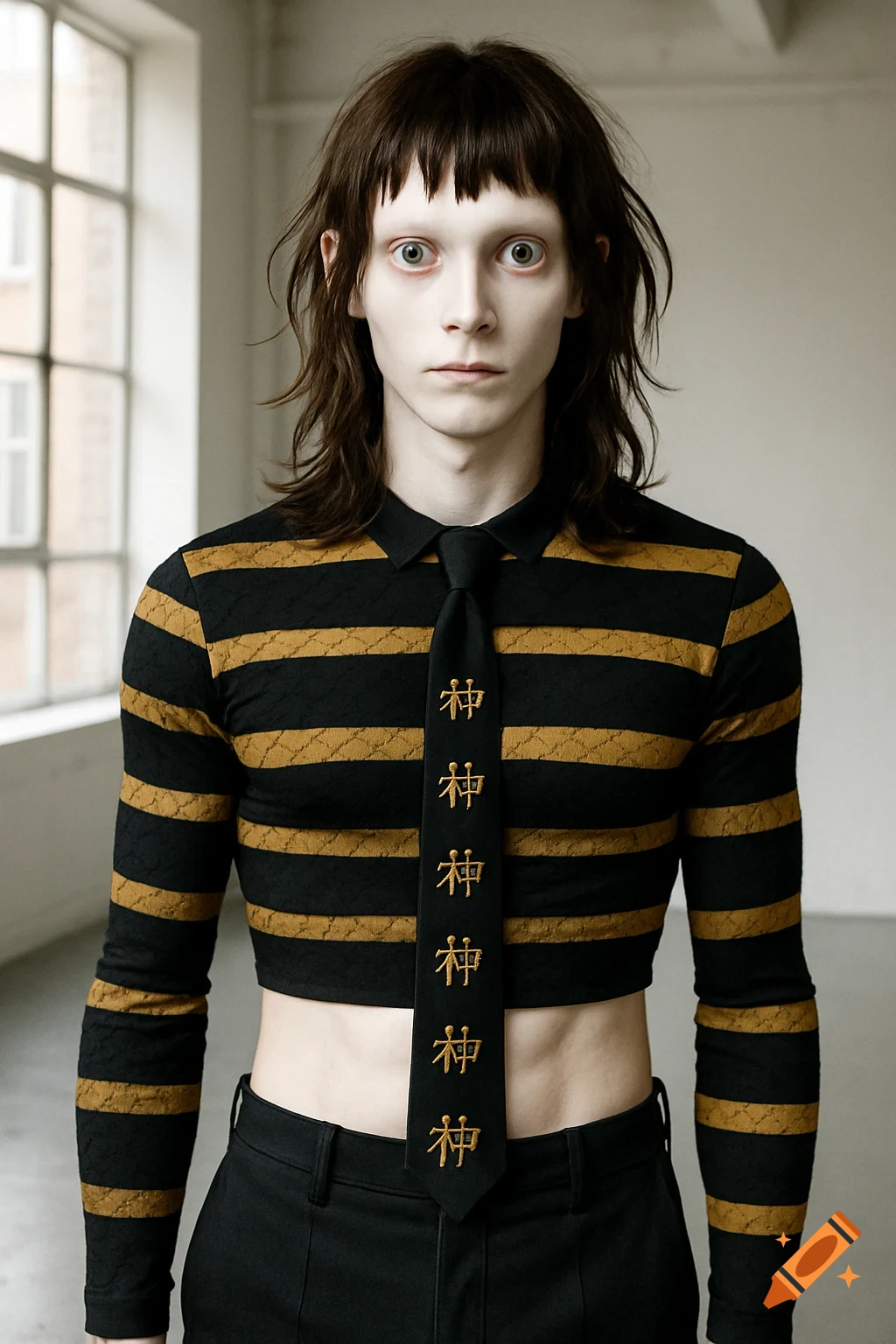 A pale young man with wide eyes and long brown hair wears a black and yellow striped crop top and a tie with kanji characters.