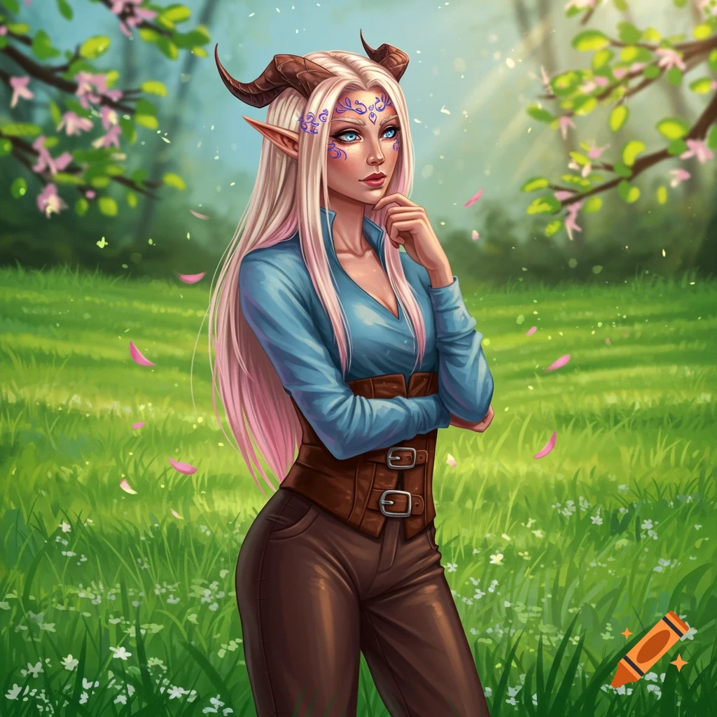 Fantasy digital art of a blonde eladrin half-elf with horns, blue eyes, and face tattoos, wearing a blue shirt and brown leather, standing in a spring meadow.