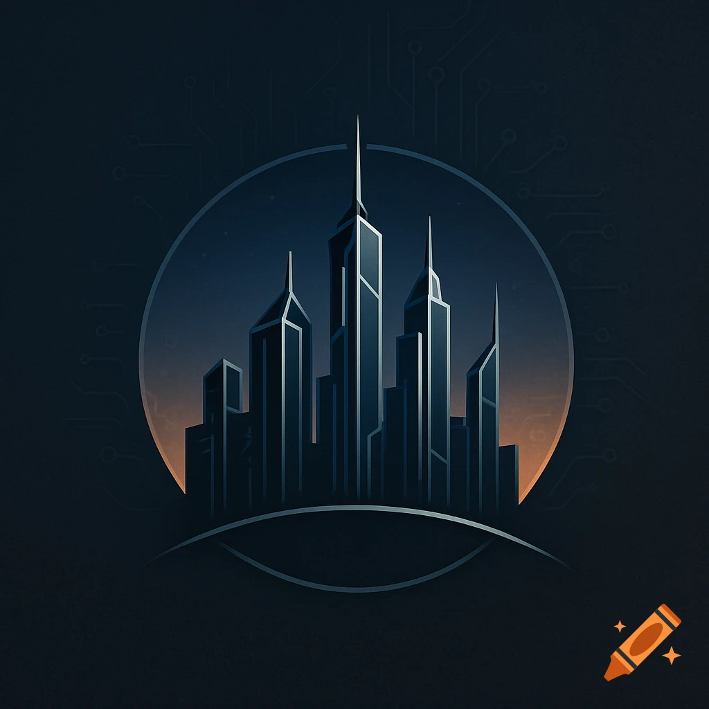 A dark blue futuristic city skyline with tall, spiky skyscrapers inside a circular frame, on a dark background with circuit patterns.