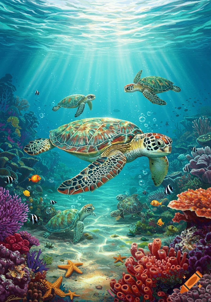 Several sea turtles swim gracefully in a vibrant coral reef, with sunlight rays piercing the clear blue water.