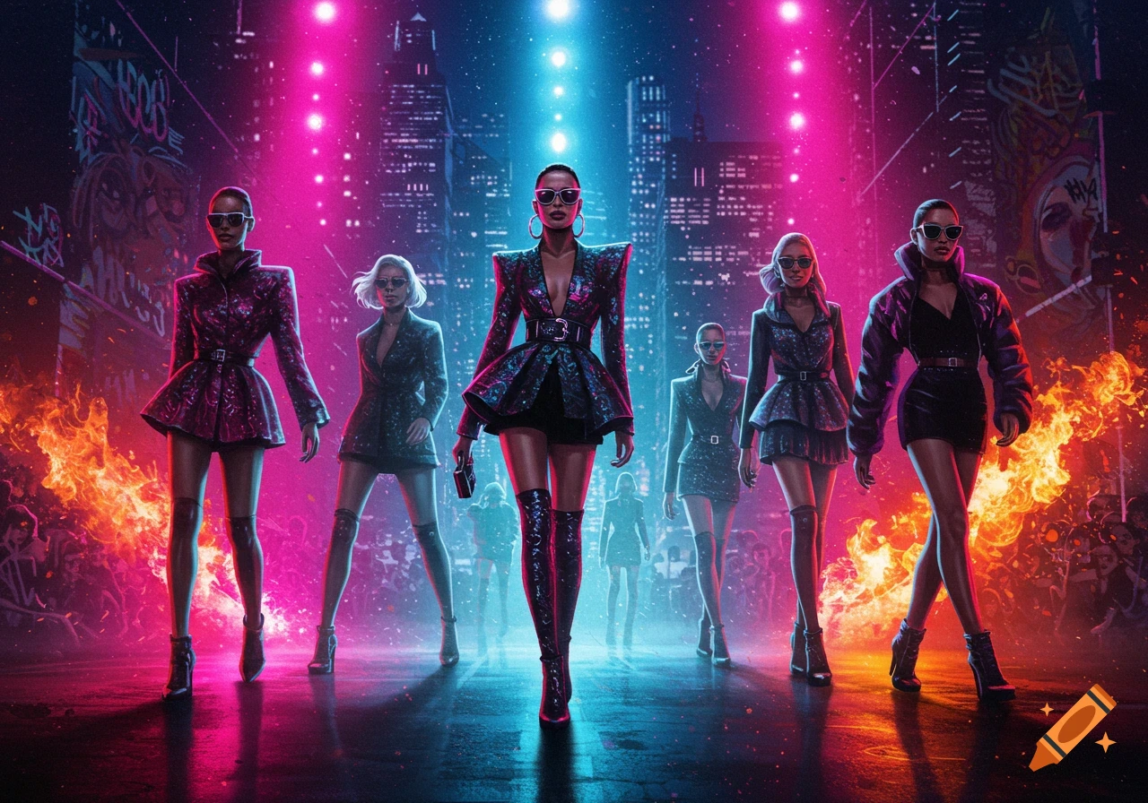 Group of women in stylish, futuristic outfits walking on a neon-lit city street with fire and bright lights. Cyberpunk aesthetic.
