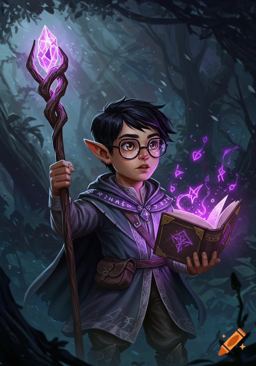 A young elf-like wizard with glasses in a dark forest holds a staff and a glowing spellbook radiating purple magic.