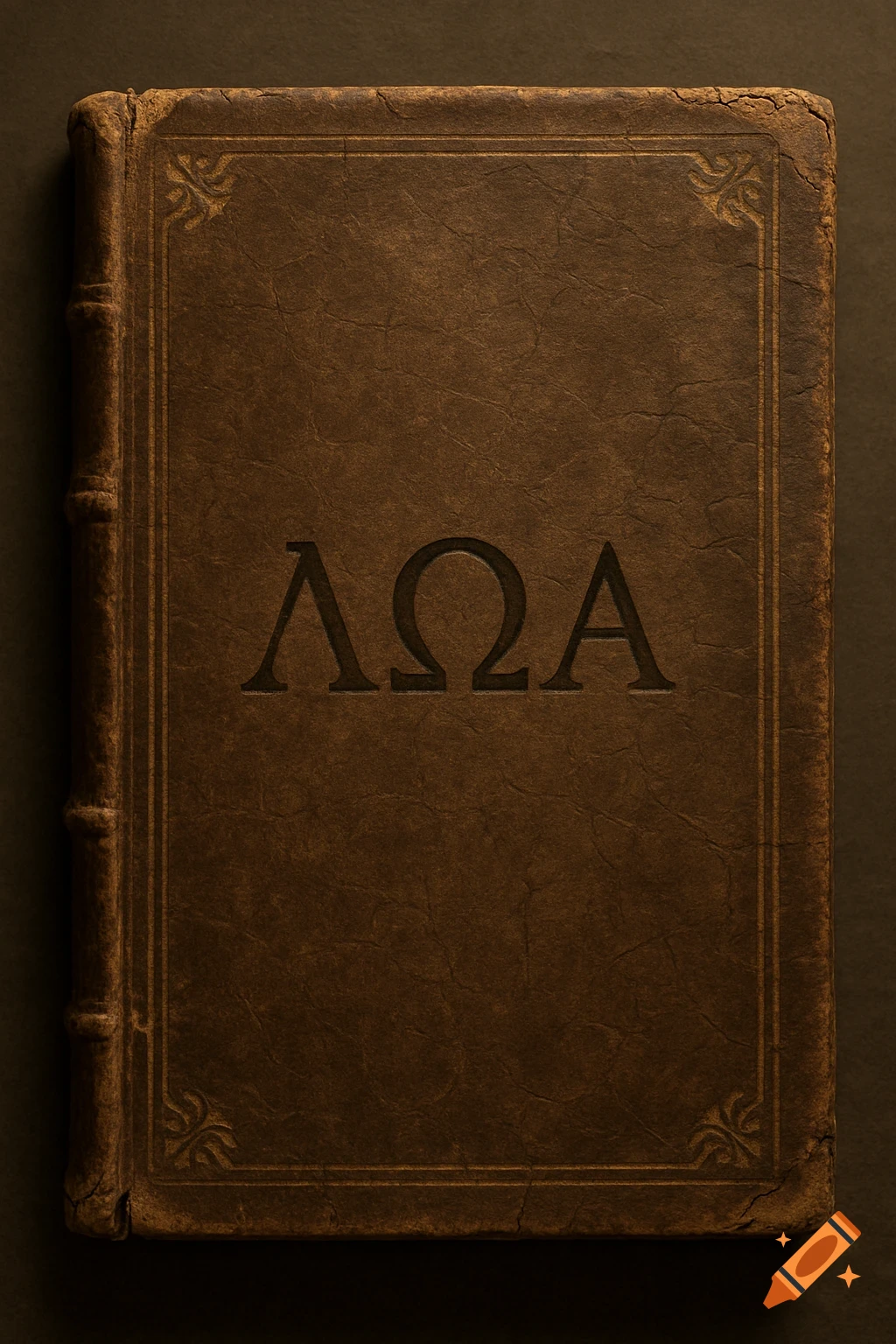A top-down view of an ancient, worn brown leather book cover with embossed Greek letters and faded gold corner patterns.