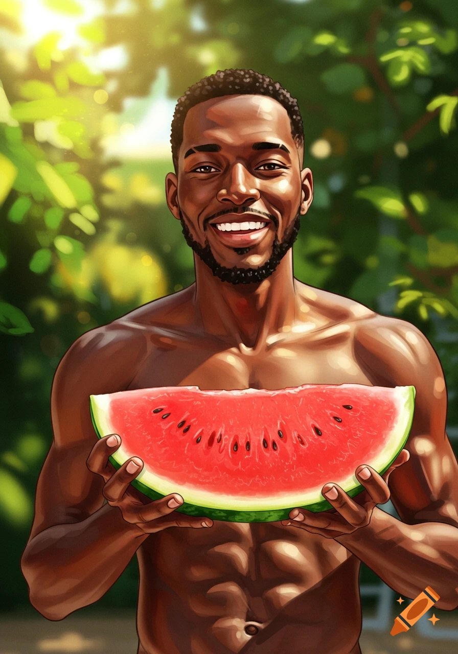 A smiling man with a beard holds a large slice of watermelon in a bright, green outdoor setting.