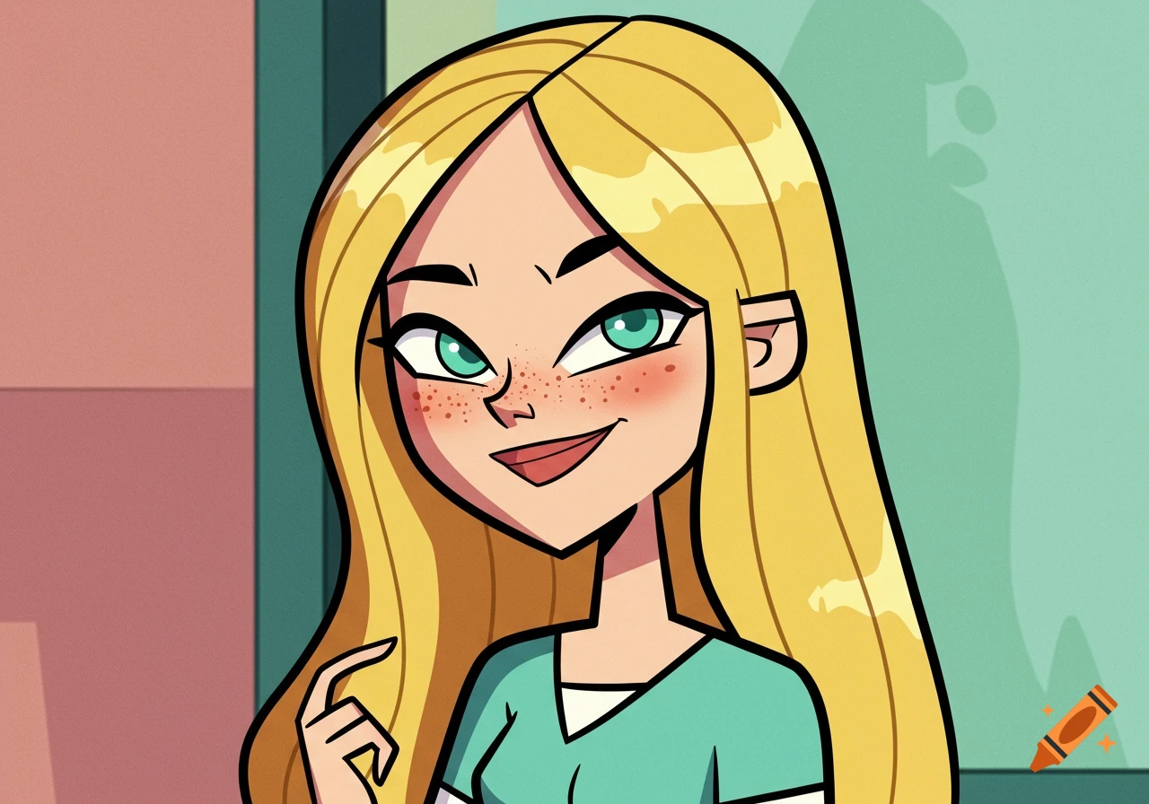 A cartoon girl with long blonde hair, turquoise eyes, and freckles smirking in the style of Total Drama Island.