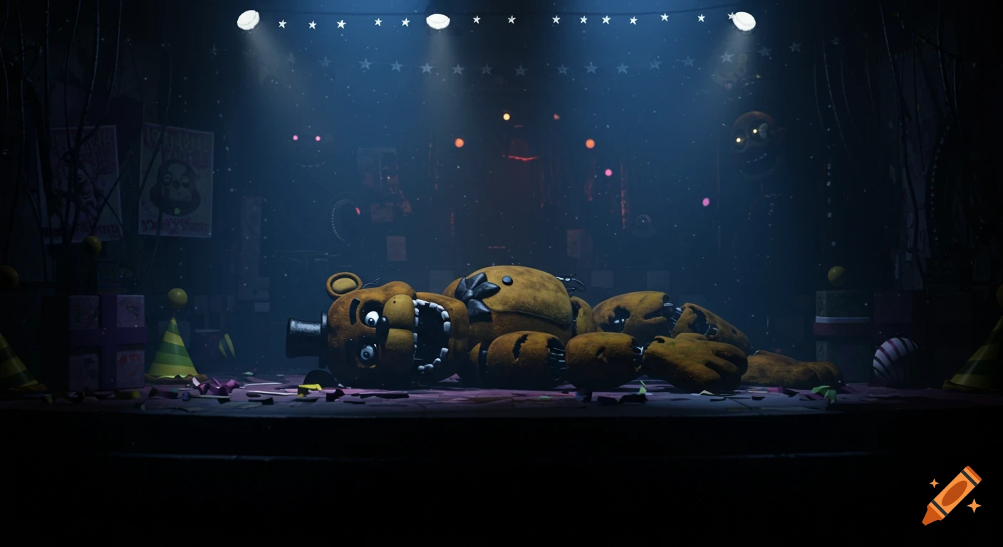 A dismantled Freddy Fazbear animatronic lies on a confetti-strewn stage under spotlights in a dark, eerie room.