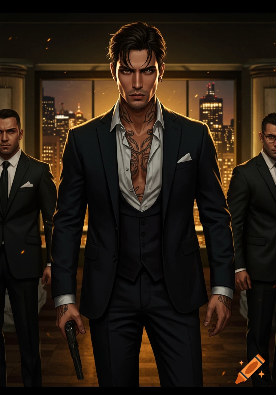 A dark-haired man in a suit with chest tattoos holds a gun, flanked by two bodyguards, against a city skyline at night.