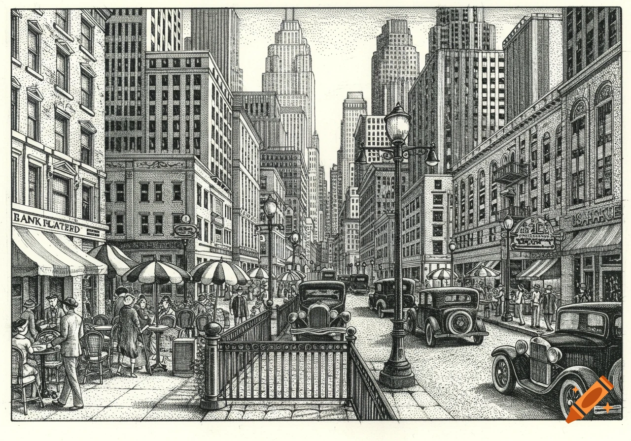 A detailed black and white drawing of a bustling vintage city street with tall buildings, old cars, and people on the sidewalks.
