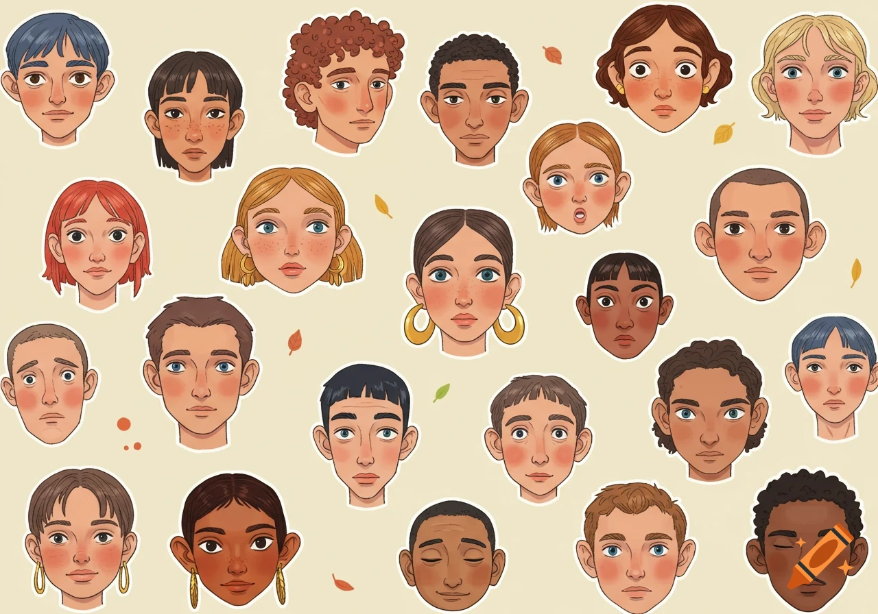 A seamless pattern of diverse cartoon-style faces resembling stickers, with scattered autumn leaves on a light background.