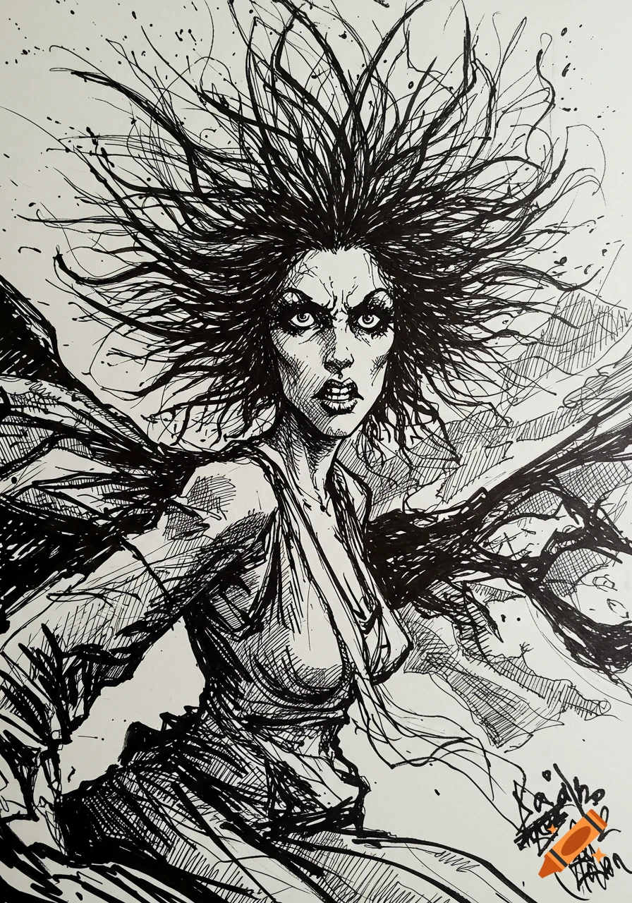 A black and white pen and ink sketch of a woman with wild, spiky hair and an intense, angry expression.