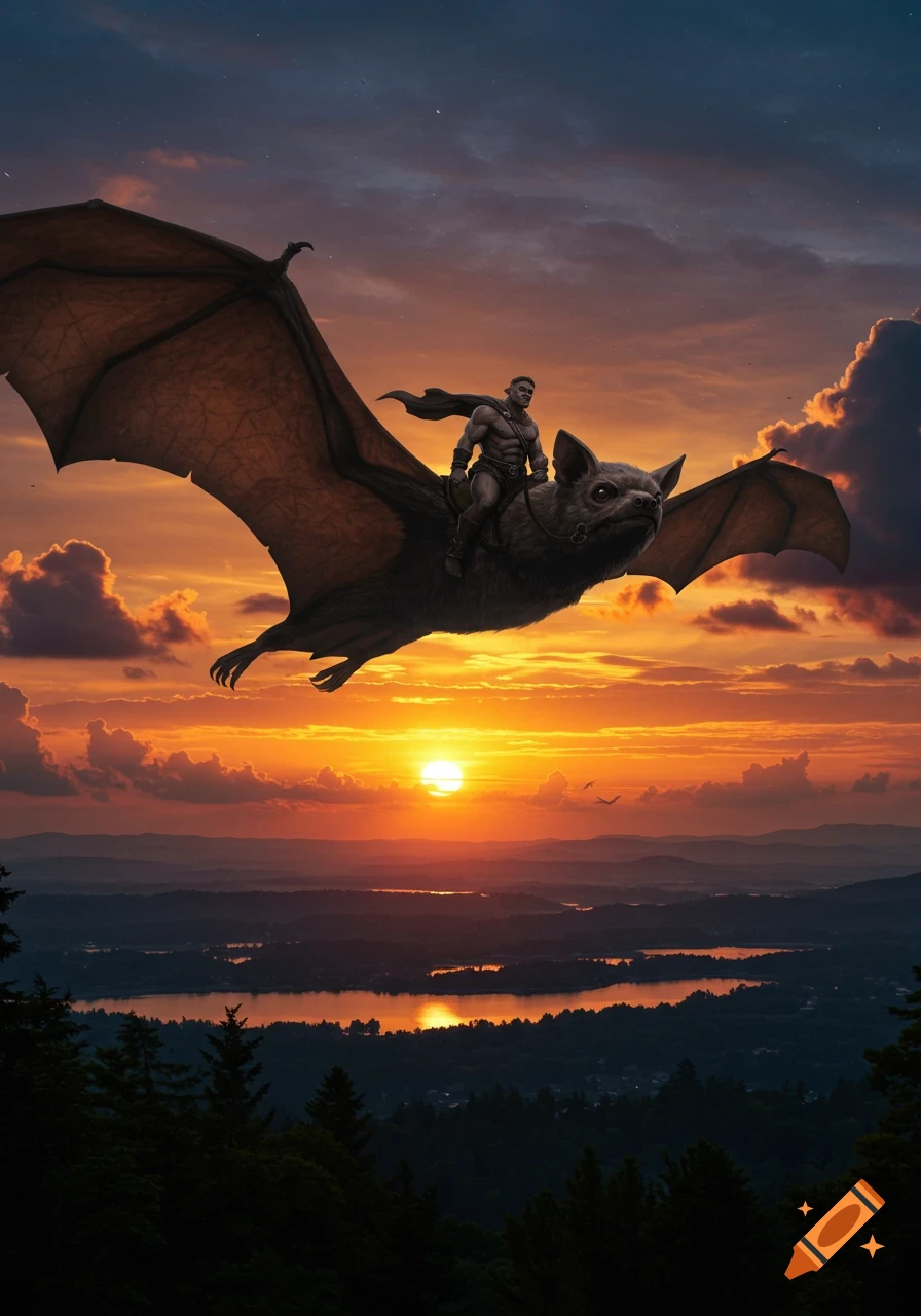 A muscular man with a cape rides a giant bat over a mountainous landscape with lakes during a vibrant orange sunset.