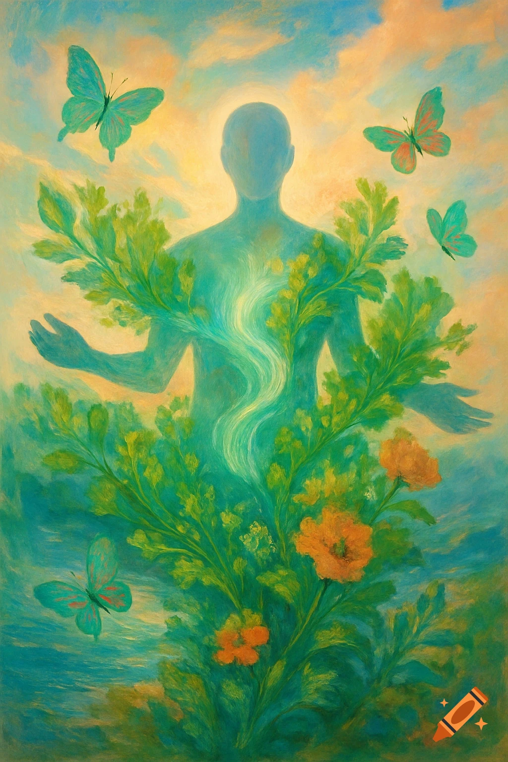 A teal human silhouette blends with green plants and orange flowers, surrounded by butterflies, against a soft blue and yellow sky, in a painterly style.