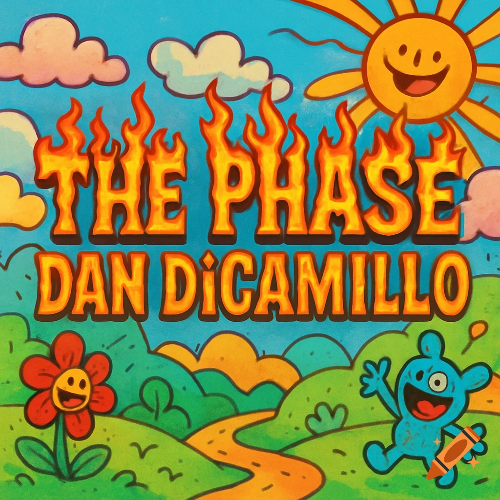 A vibrant cartoon landscape with "THE PHASE DAN DICAMILLO" in fire letters, a smiling sun, flower, and blue creature.