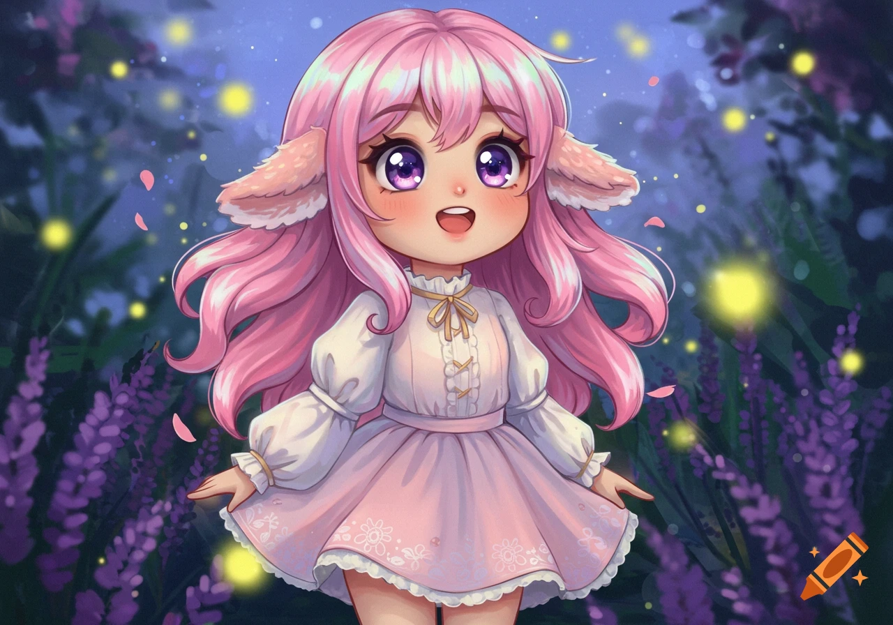 A cute anime girl with pink hair, fluffy ears, and wide purple eyes smiles in a magical forest with lavender and glowing fireflies.