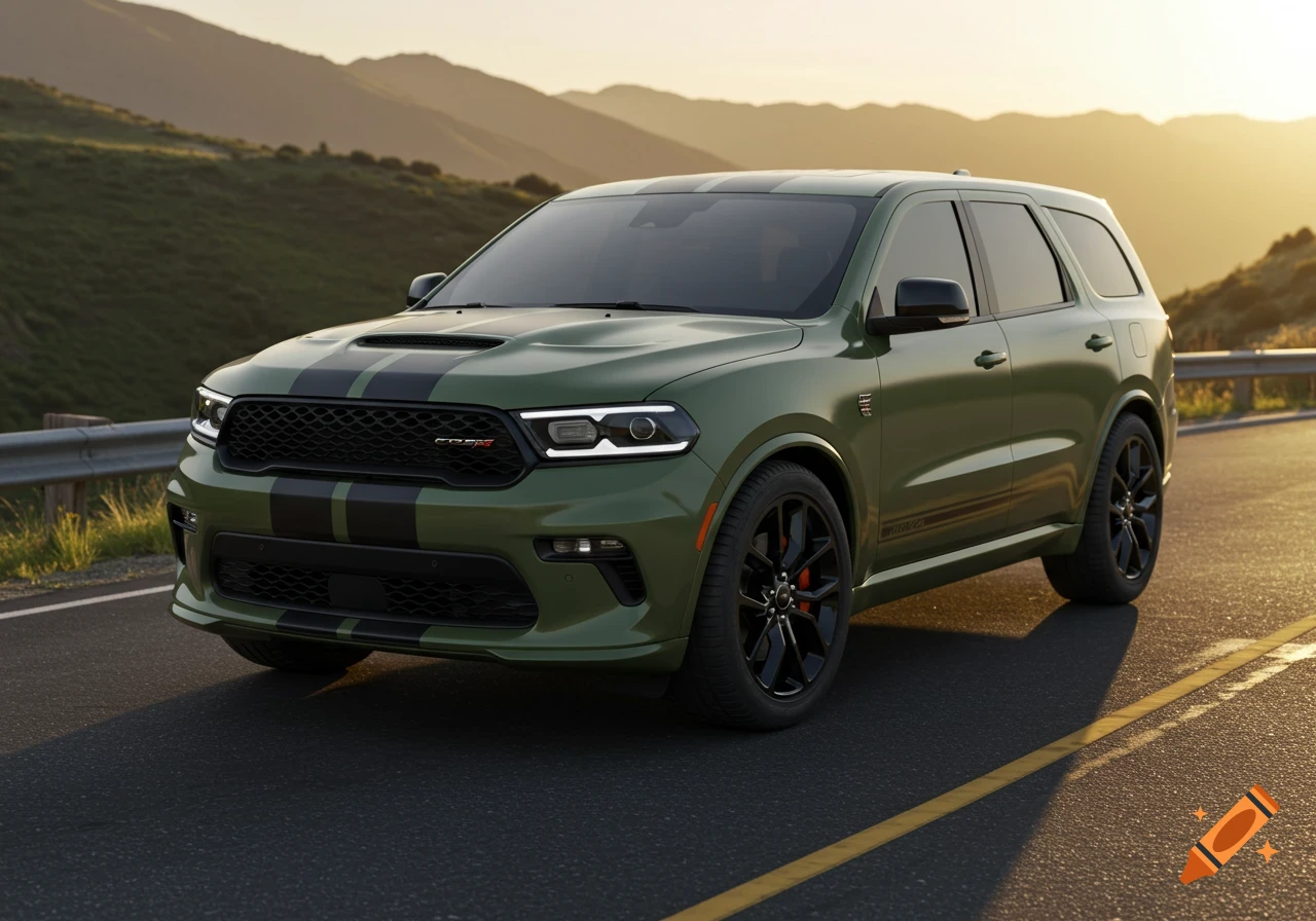 A green Dodge Durango SUV with black racing stripes on a road with mountains at sunset.